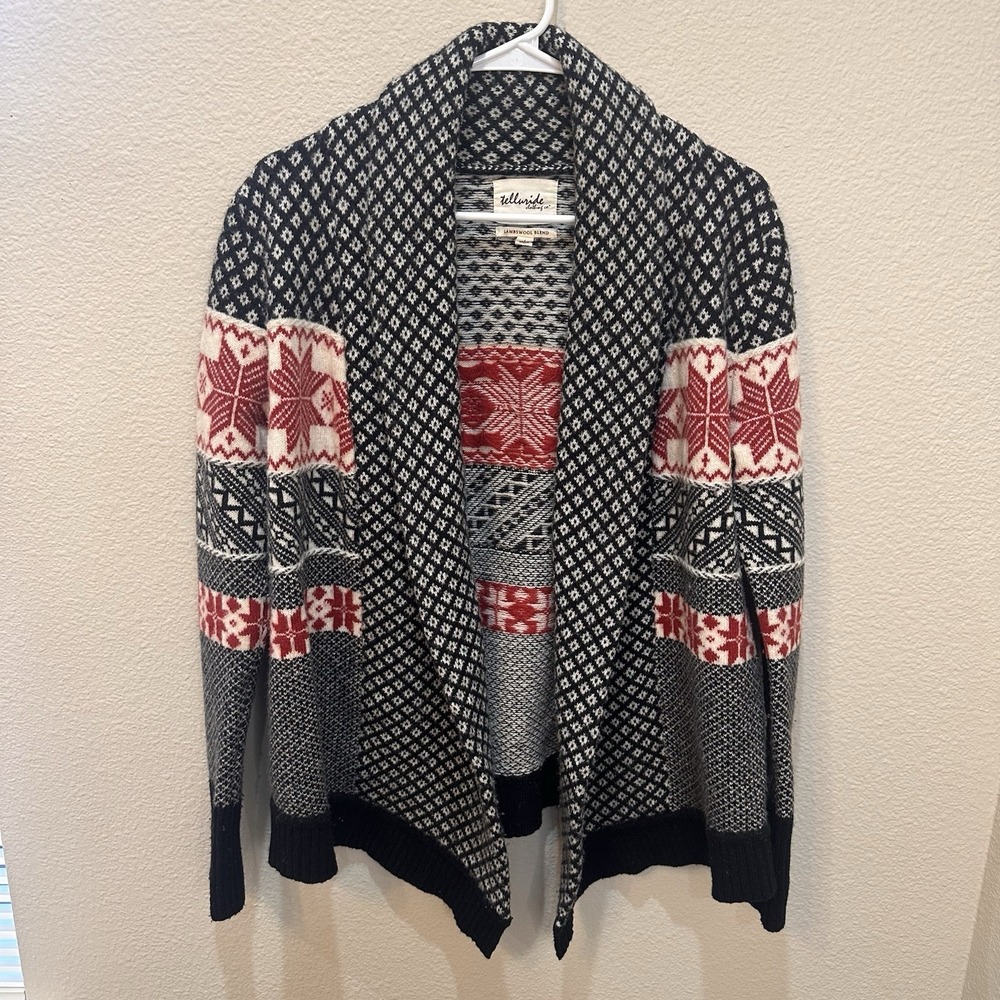 Telluride Lambswool Fair Isle Open Cardigan Sweater Women L Nordic Ski Winter